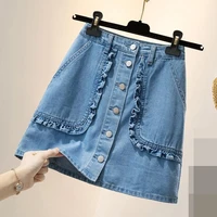 large size womens skirt 2020 summer new fat sister denim short vintage pleated skirt korean style cotton casual
