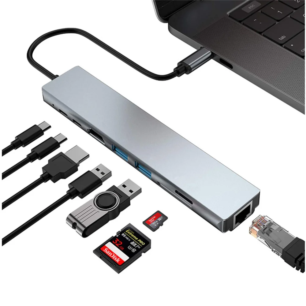 

USB-концентратор для Macbook 8 в 1, адаптер для ПК PD, зарядка, 8 портов, док-станция RJ45, HDMI, совместим с картой TF/SD, Macbook, разветвитель Type-C