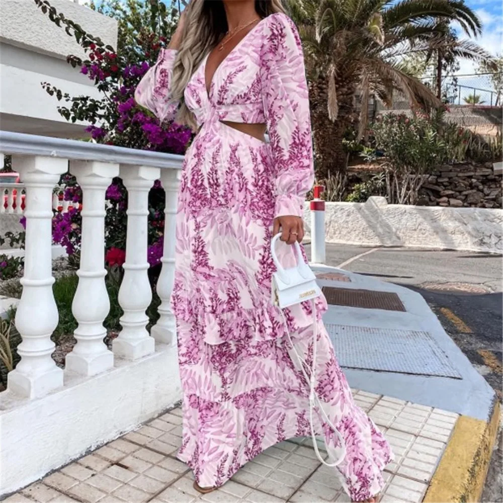 

Women's Dress Bohemia Sexy V-Neck Floral Print Long Sleeve Beach Casual Maxi Dress Spring New Fashion 2022 Female Clothing