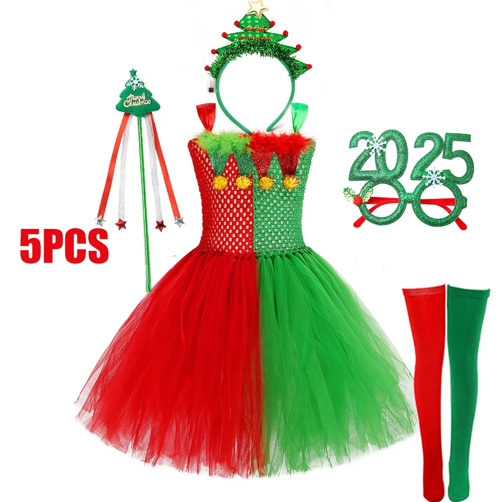 Kids Christmas Tutu Dress for Girl Green Costume Mesh Fluffy Vestidos Xmas Performance Children Clothing New Year Party Outfits