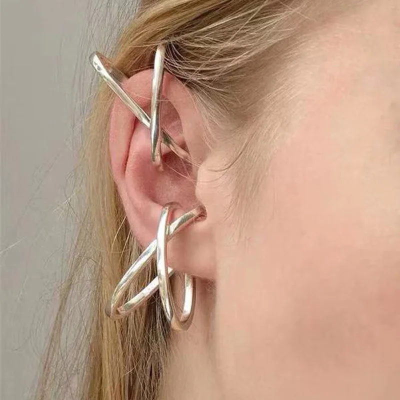 

2022 Fashion Exaggerated Geometric Irregular X Shape Metal Ear Clip Earrings for Women Ear Cuff Jewelry Accessories No Piercing