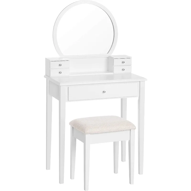 

VASAGLE Vanity Set Makeup Dressing Table with Mirror, Padded Stool, 5 Drawers, 27.6 x 15.7 x 52.8 inches, White