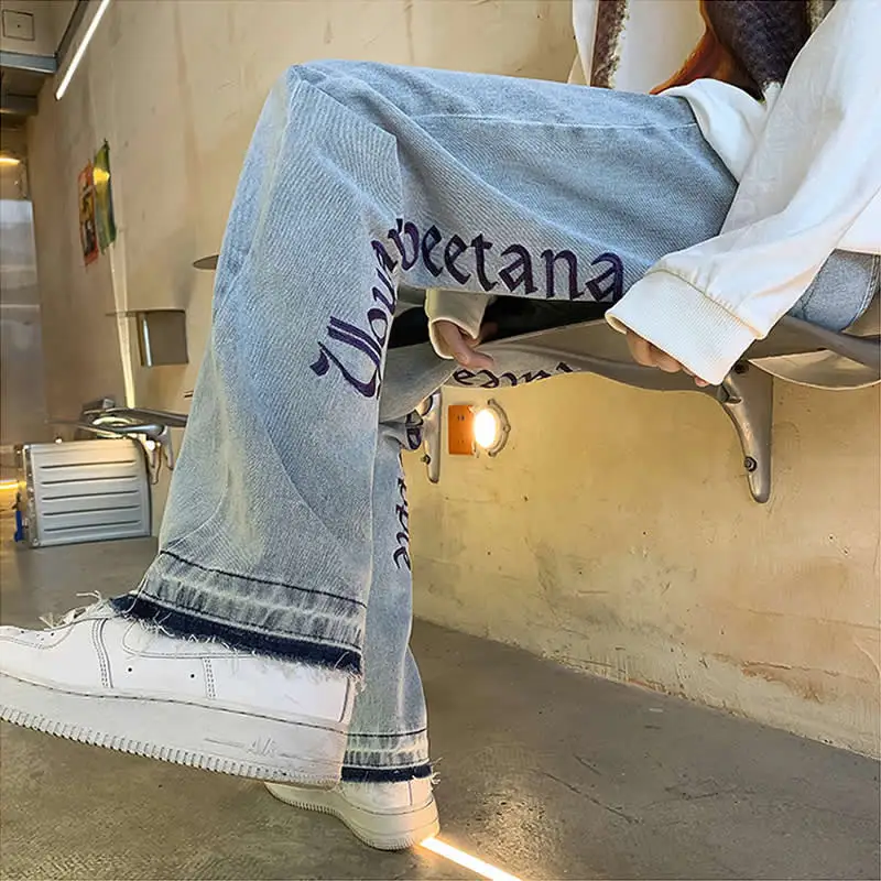 Y2k Emo Men Fashion Casual Harajuku Streetwear Alt Hip Hop Jeans Fairy Grunge Straight Trousers Wide Leg Denim Pants Clothes