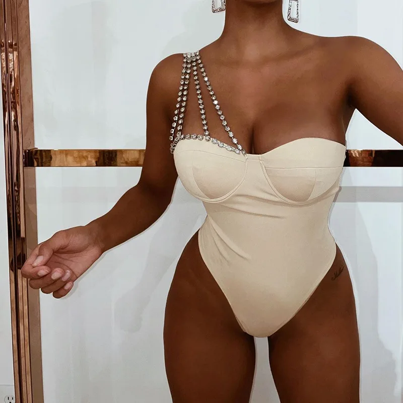 

Sexy Bodysuit Women Solid Diamond One Shoulder Strap V Neck Body-Shaping Baddie Style Tops Romper Female Streetwear 2022