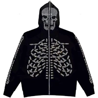 y2k skull spider print black sweatshirts oversized rhinestones long sleeve hooded jacket with zip up gothic baggy coats autumn