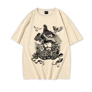 Humans Are The Vermin Pigeons Printed T Shirt Men Retro 100% Cotton Tops Tees Harajuku Streetwear Hip Hop Horror Gothic T-shirts