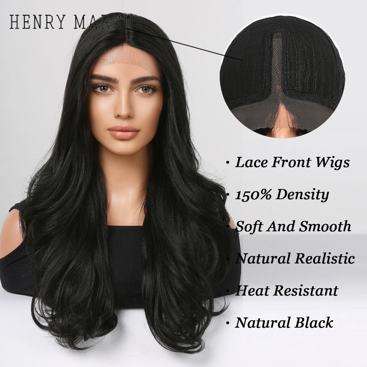 

HENRY MARGU Natural Black Lace Front Synthetic Wigs Long Wavy Hair Wigs for Black Women High Density Daily Party Fake Hair Wigs