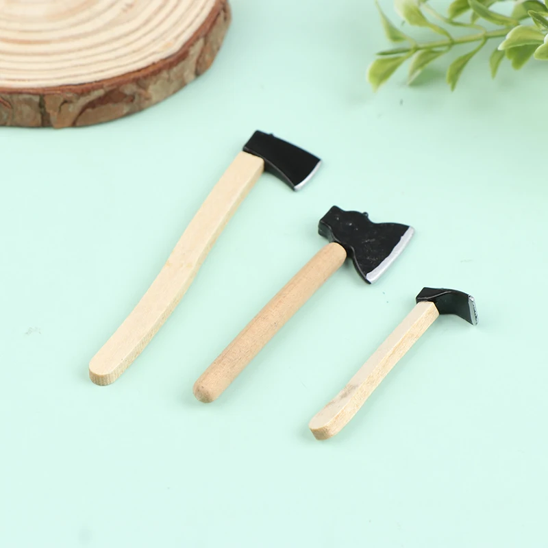 

3pcs Wooden Metal Hatchet Axe Set for 1:12 Dollhouse Miniature Fairy Garden Tools