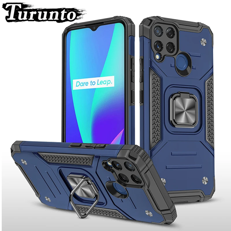 

Armor Shockproof Phone Case For OPPO Realme C15 C11 C3 Car Magnetic Metal Ring Holder Bracket Back Cover For Realme 6 6i 5S 5i 5