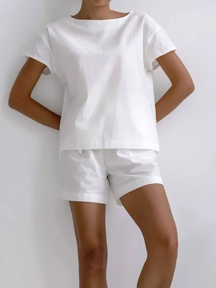 

Linad Casual Women's Home Clothes 2 Piece Sets White O Neck Short Sleeve Pajamas Female Suits With Shorts Summer Sleepwear
