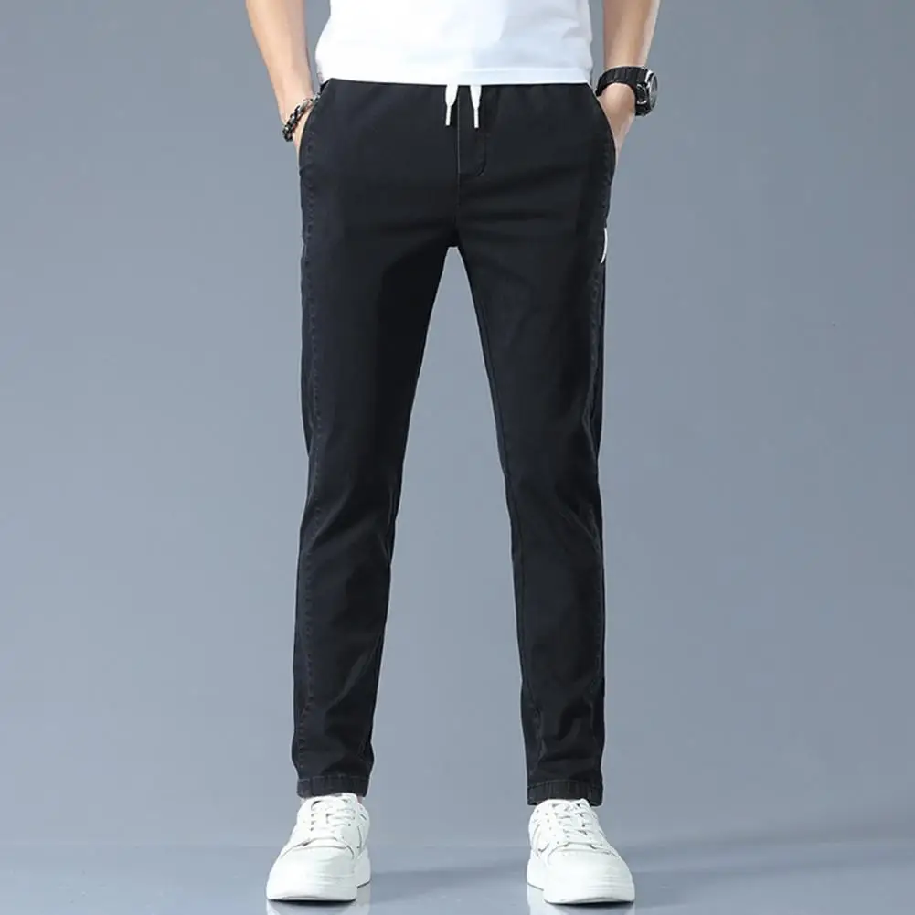 

Брюки мужские облегающие, уличная одежда, повседневные зауженные джинсы с эластичным поясом, кулиской, косыми карманами, прямыми штанинами, имитация штанин