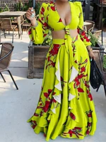 sexy bangage crop top and long dress set womens outfits printing skirt stretch two piece set women summer vacation beach