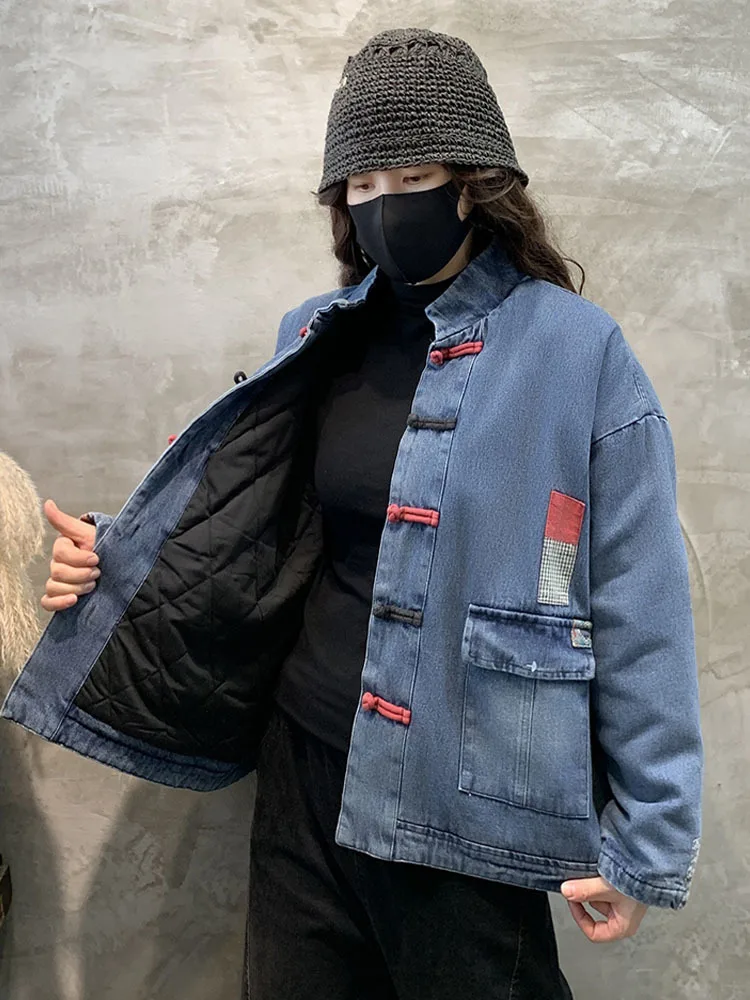 Max LuLu Chinese Style Winter Parka Denim 2022 Women Blue Leisure Padded Jackets Female Turtleneck Vintage Coat Loose Clothing