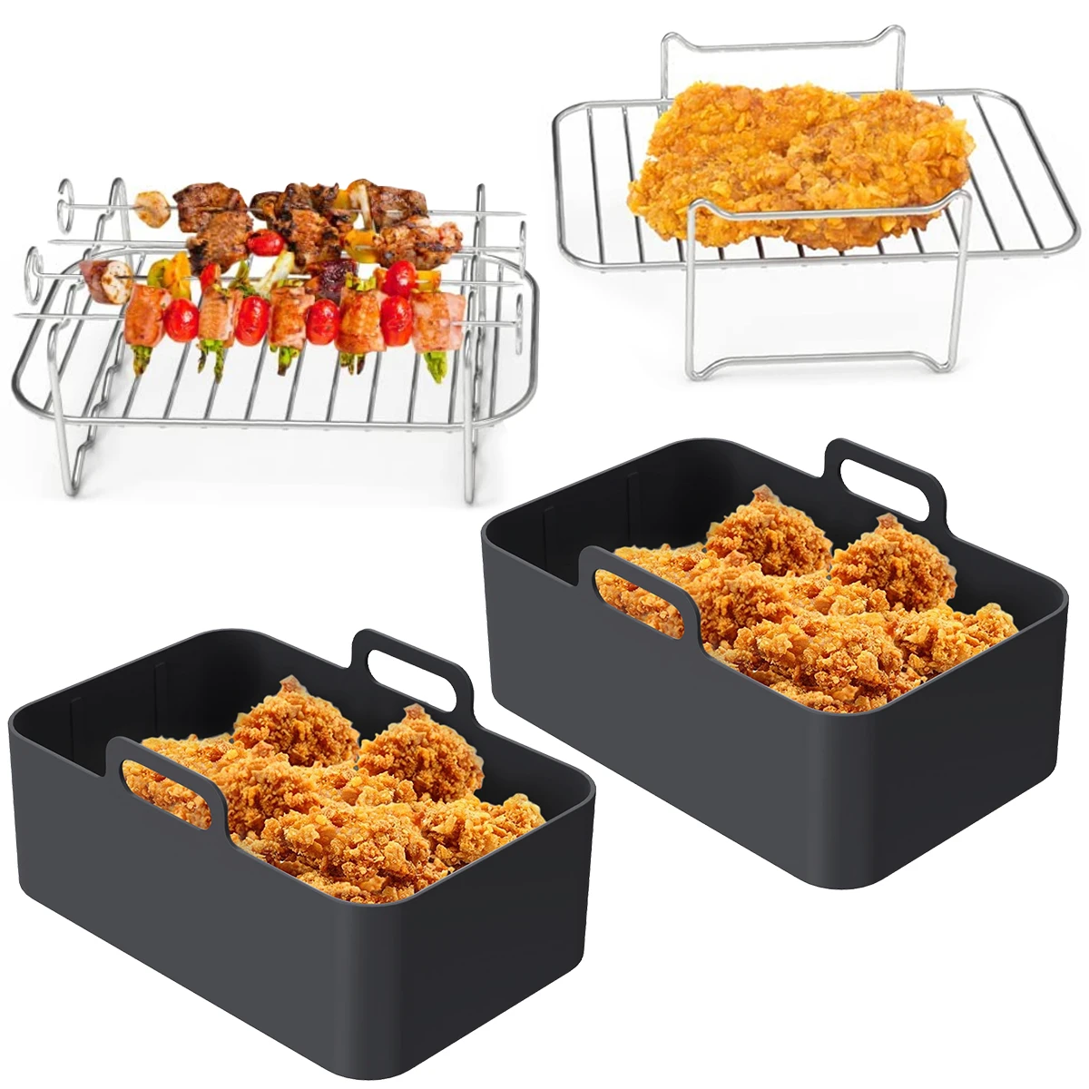 

4Pcs Air Fryer Accessories Set, 2 Air Fryer Silicone Pot, 1 Double Layer Rack with 4 Skewer, 1 Steamed Rack, Fits Air Fryer
