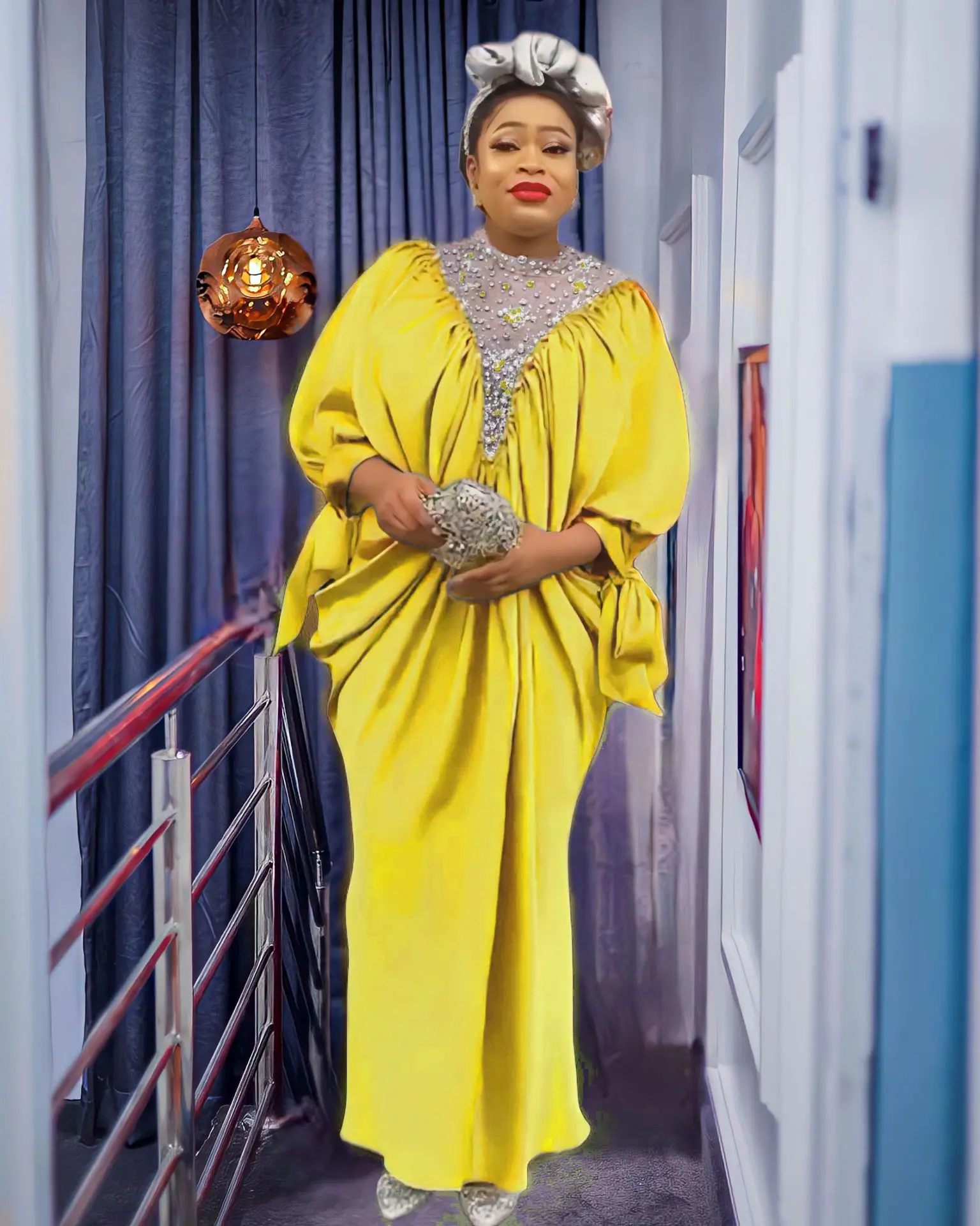 

African Wedding Party Dresses for Women Summer Elegant African 3/4 Sleeve O-neck Polyester Orange Yellow Long Dress African Robe