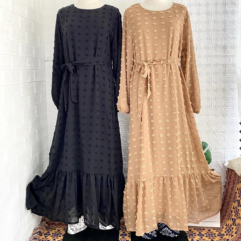 Chiffon Jacquard Ramadan Women Dress 2022 With Belt Dubai Abaya Middle East Plus Size Maxi Modest Muslim Long Arabian Dresses