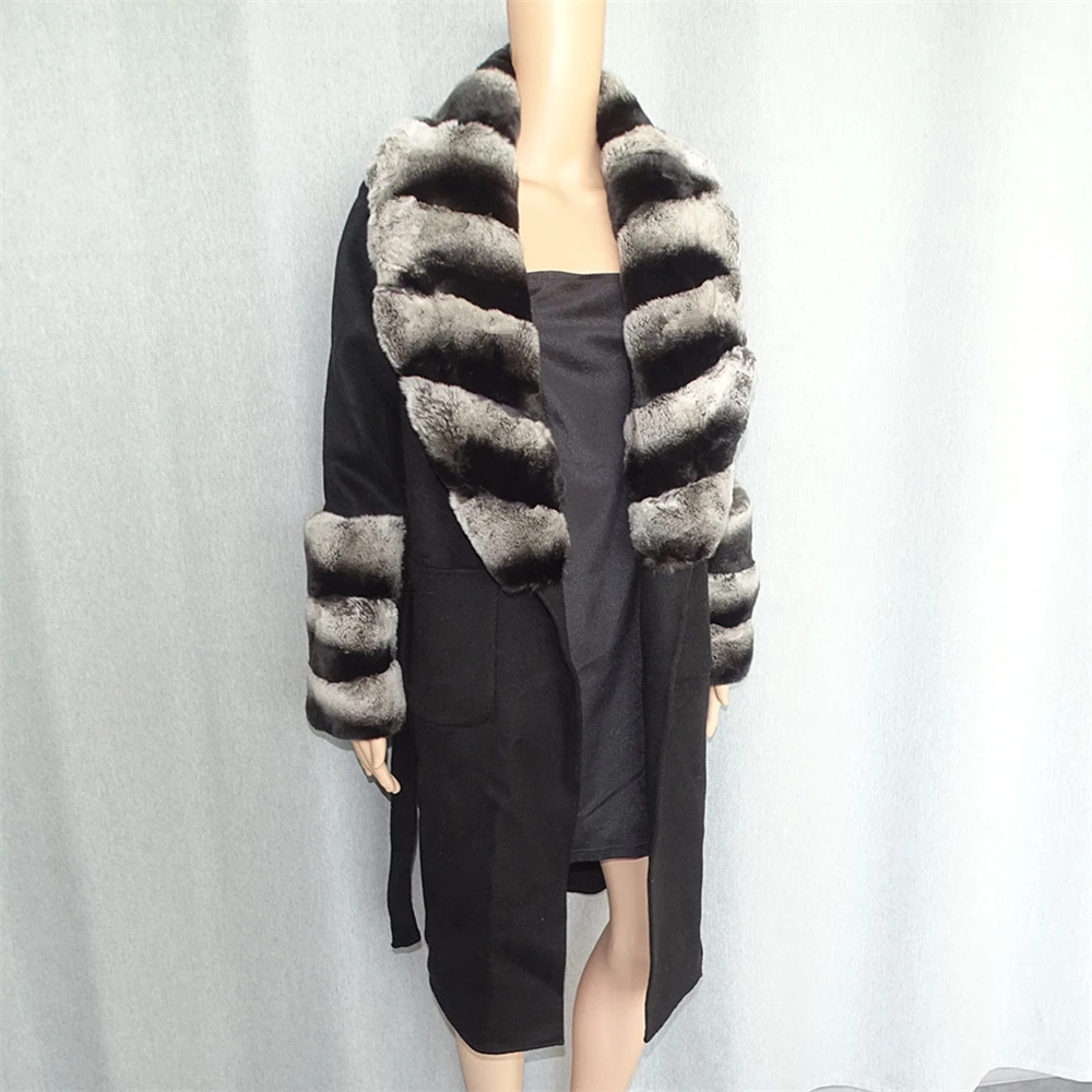 100% Woolen Jacket Long with Rex Rabbit Fur Collar Winter Women Real Fur Coat Thick Overcoat Fashion Streetwear Big Size enlarge
