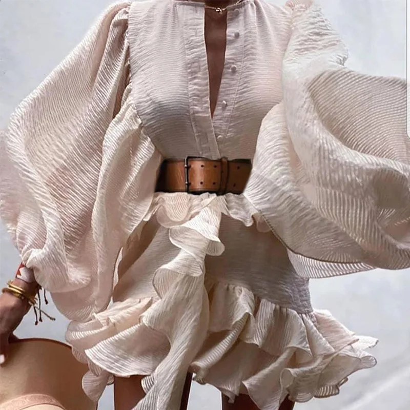 

New Arrival Sexy Women Elegant Casual Dress Batwing Sleeve Ruffles High Waist with Sashe Vintage Dress