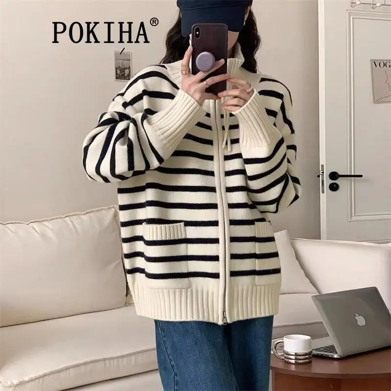 

Pokiha Fashion Women New Korean Striped Front Zipper Knitted Sweater Cardigan Vintage Long Sleeve Female Outerwear Chic Tops