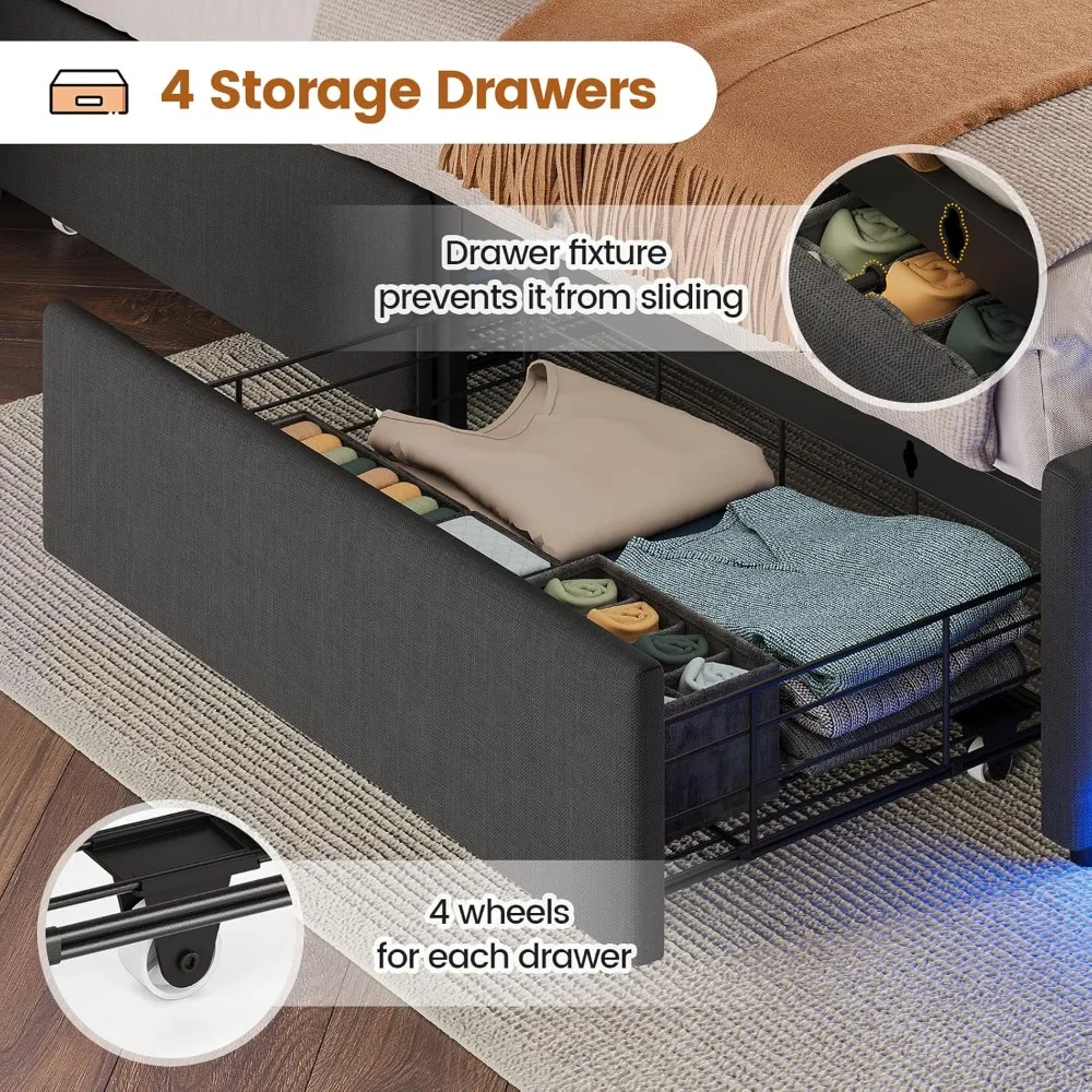 Кровать каркас кровати размера queen-size с изголовьем и 4 ящиками со светодиодной