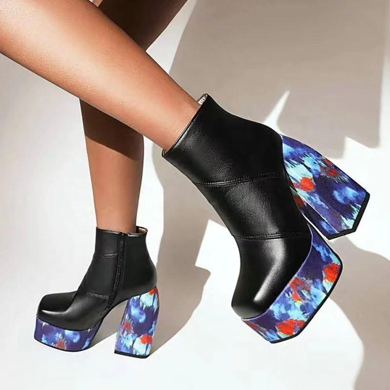 Tie-dye Print Thick Platform Fashion Boots Women Shoes Square Toe Chunky High Heel Boots Side Zip Ankle Size 43