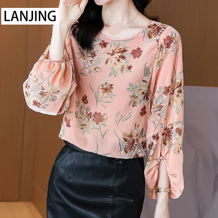 

Женская бархатная рубашка с цветочным принтом, с круглым вырезом и рукавами-фонариками