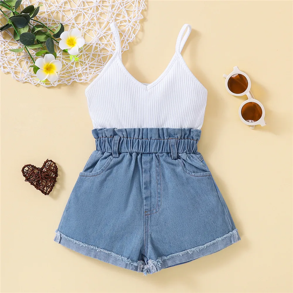 

Baby Girls Denim Patchwork Playsuit Jumpsuit 1-6Y Toddler Kids Children Summer Sling V-Neck Rompers Overalls Bib Pants Outfits