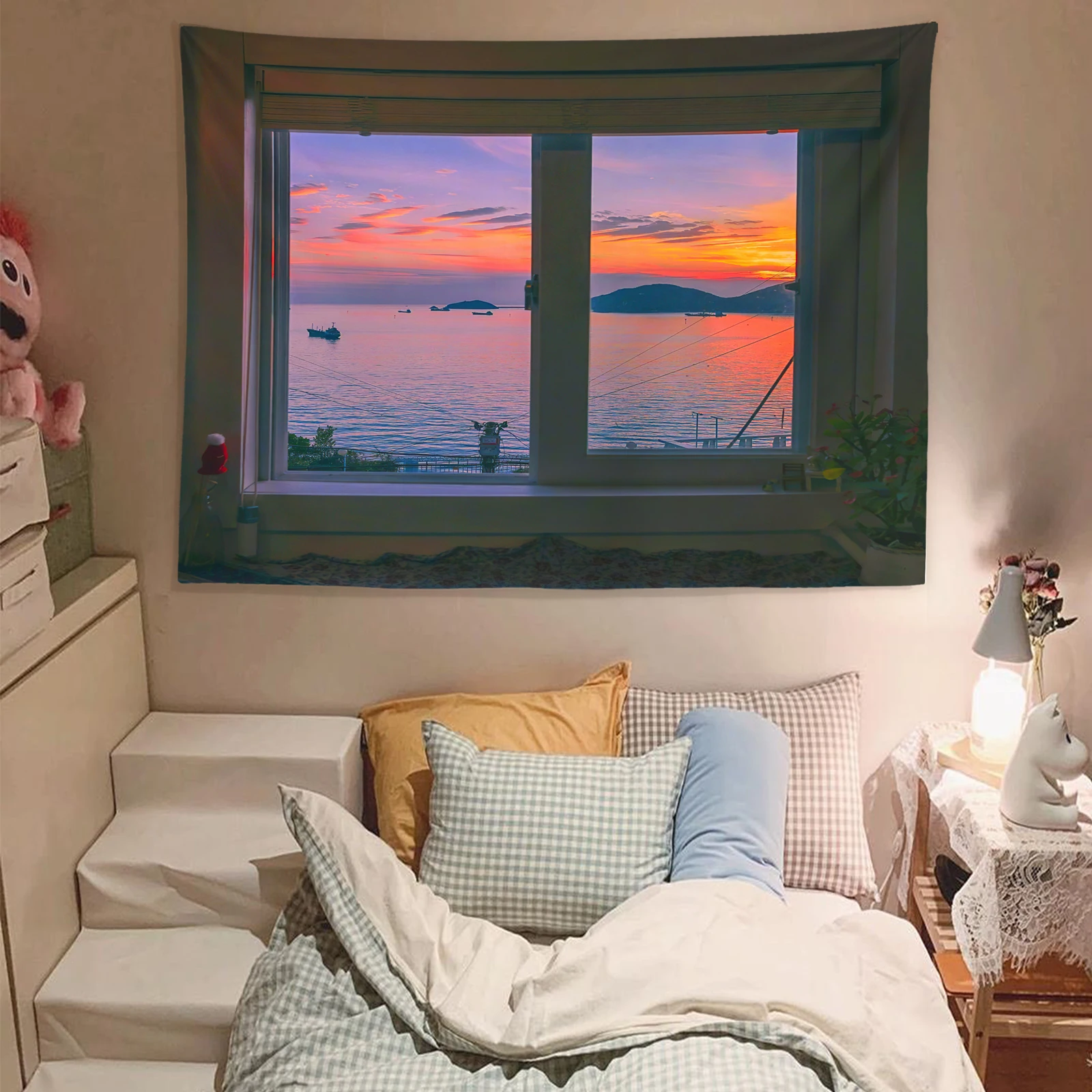

Sea View Window Background Tapestry Fresh Bedroom Bedside Dormitory Rental Homestay Decorative Wall Cloth Tapestry D718W