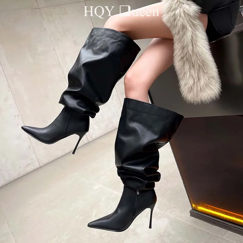 

Женские туфли-лодочки, высокие сапоги выше колена в западном стиле для осени 2023, новые женские современные сапоги из натуральной кожи, женская обувь с острым носком на каблуке