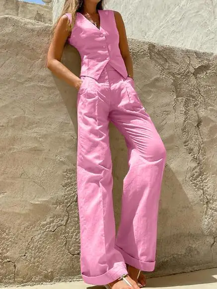 

Two Piece Set Women Outfit 2023 Fashion Summer Cotton Linen Sleeveless Vest Tank Top & High Waist Pants Set Streetwear Clothes