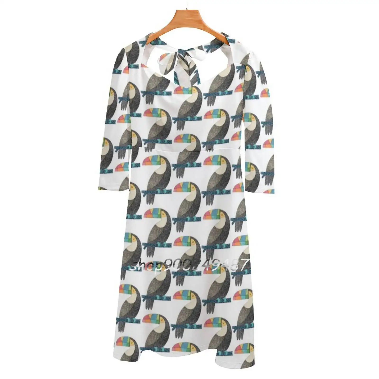 Tucan Chilling Square Neck Dress New Plus Size Elegant Women Waist Tight Bird Birdwatching Linework Cute Enticing