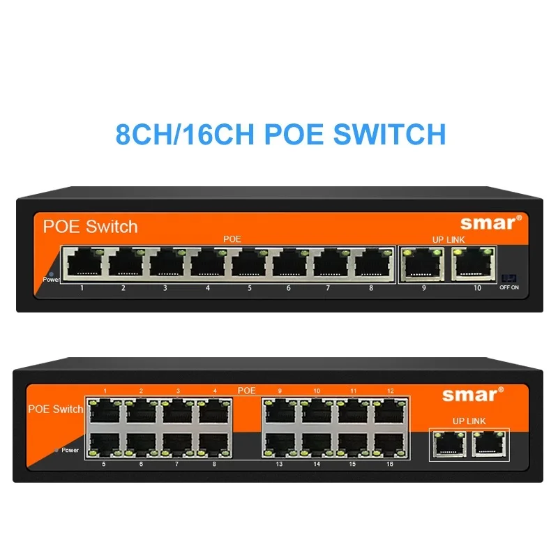 

48V 8/16 Ports POE Switch with standardized RJ45 port IEEE 802.3 af/at with 10/100Mbps for POE Cameras CCTV Security Camera