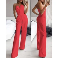 2022 new womens sexy solid color jumpsuit elegant ladies temperament small v shaped strapless and slim jumpsuit