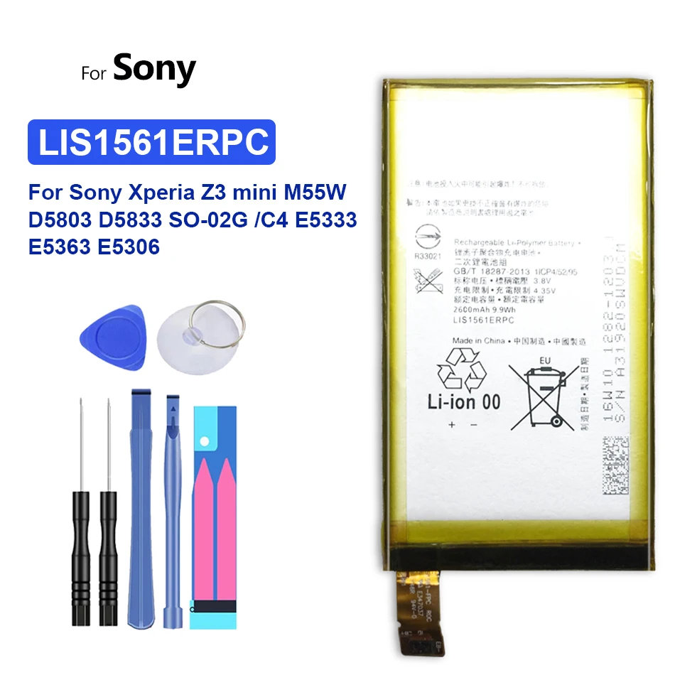 

Phone Battery For Sony Xperia Z3 mini Compact Z3c M55W z3mini D5803 D5833 SO-02G /C4 E5333 E5363 E5306 2600mAh LIS1561ERPC