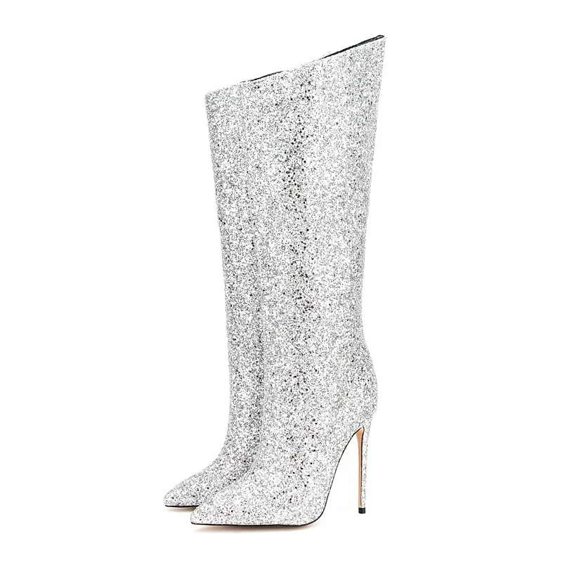 2023 European and American Style Silver High Heeled Women's Boots Thin Heeled Pointed Toe with Zipper Knee High Leather Boots