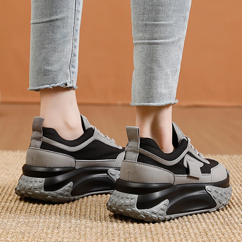 5.5CM Genuine Leather Comfy Contrast Female Sneaker Breathable Pink Green Shoe Chunky Sneakers Spring Platform Wedge Women Shoes