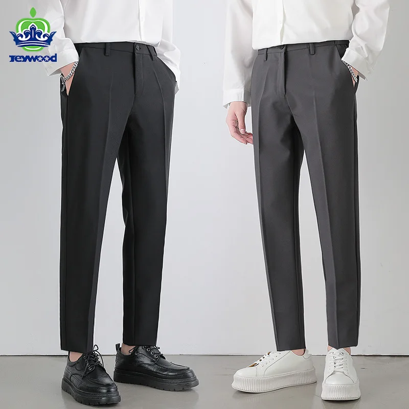 2022 New Men‘s Suit Pants Stretch Slim Business Office Non-iron Elastic Waist Classic Korean Grey Casual Trouser Plus Size 40 42