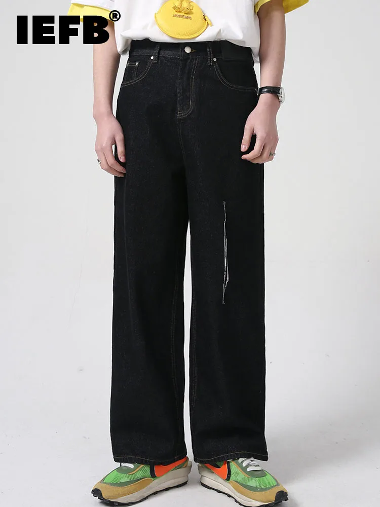 

IEFB 2022 Menswear Design Casual Hole Straight Jeans New Korean Fashion Pocket Solid Color Temperament Men 9A1948