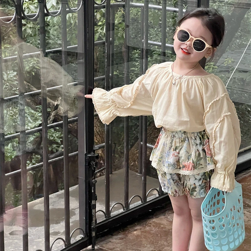 

5074B Korean Girl's Shirt 2023 Spring New Fashion Sweet Girl's Shirt Blouese Retro Mori Shirt Wooden Ear Shirt Or Print Short