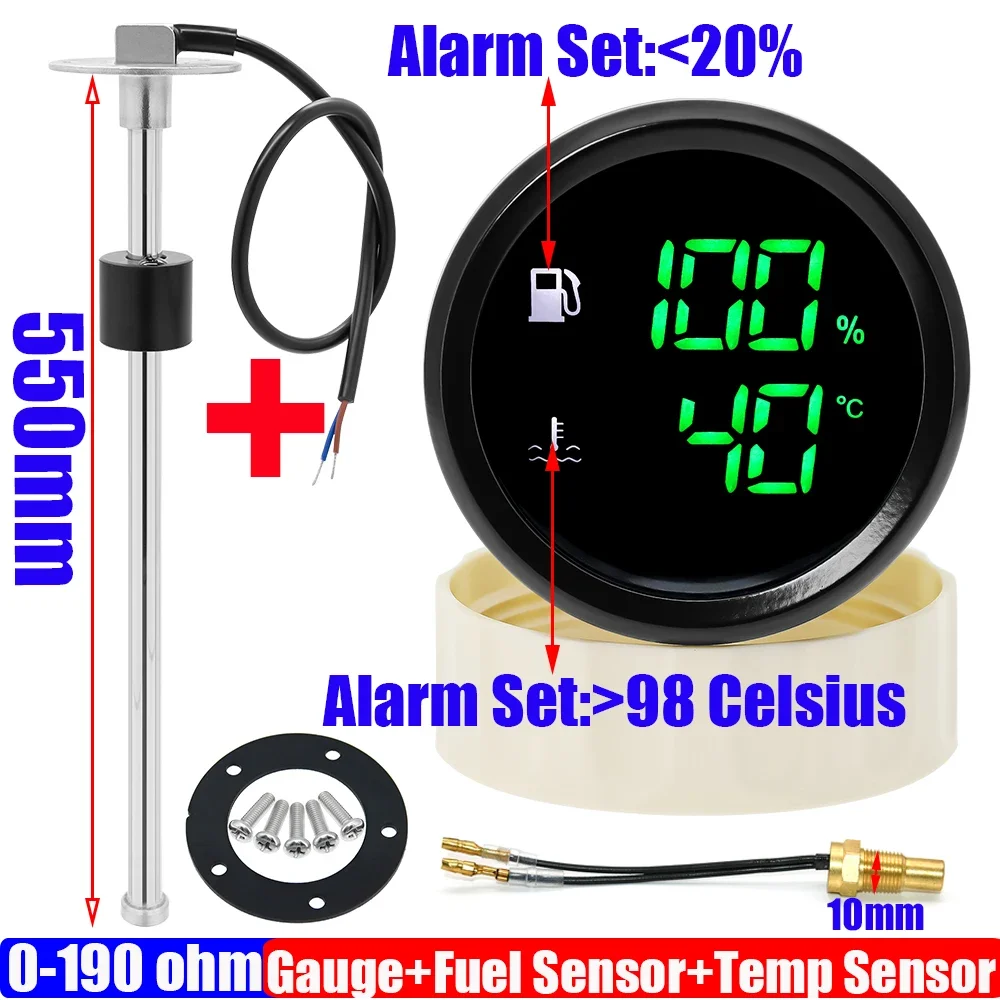 

Мультицифровой двойной датчик 52 мм, уровень топлива + датчик температуры воды 2 в 1 с сигнализацией, датчик уровня топлива, датчик температуры воды на заказ