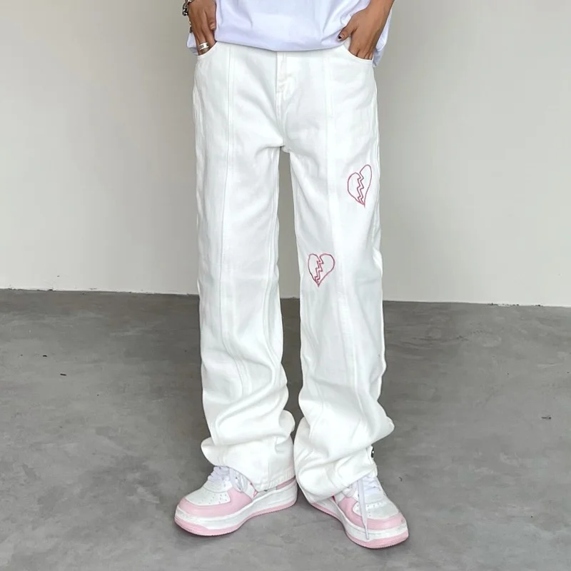 Y2k Heartbreak Graphic Jeans Wide Leg Pants Street Wear Highstreet Design BF Baggy Jeans Distressed Jeans Straight Leg Jeans
