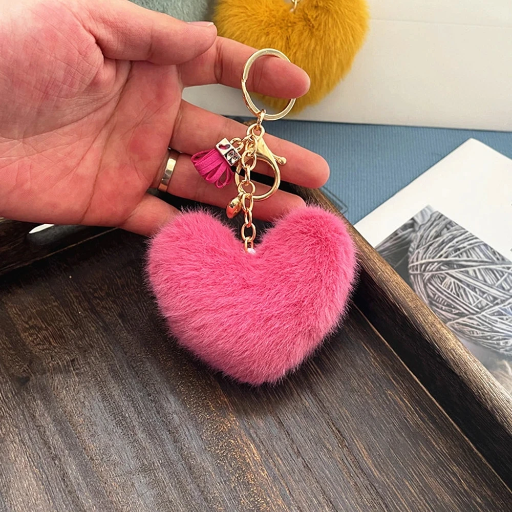 

Cute Plush Heart Keychains Fluffy Pompom Pendant Keyring Exquisite Tassel Handbag Ornaments Accessorie Car Motorcycle Key Holder