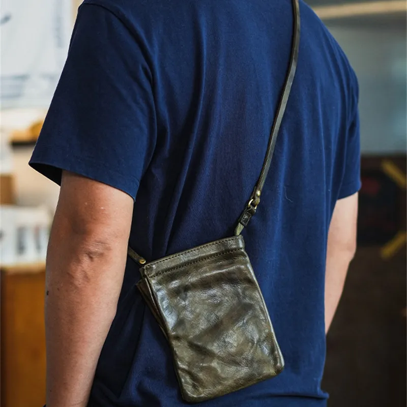 Retro fashion luxury handmade designer natural genuine leather men mobile phone bag outside organizer real cowhide small satchel