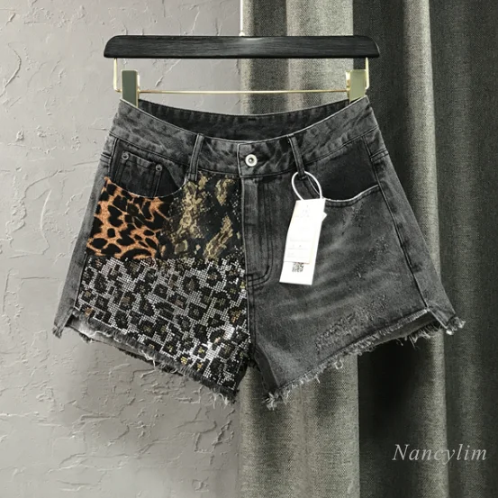 

Черно-серые джинсовые шорты для женщин, Новинка весна-лето 2023, тяжелая вышивка, лидер продаж, широкие штаны в стиле ретро с леопардовым принтом