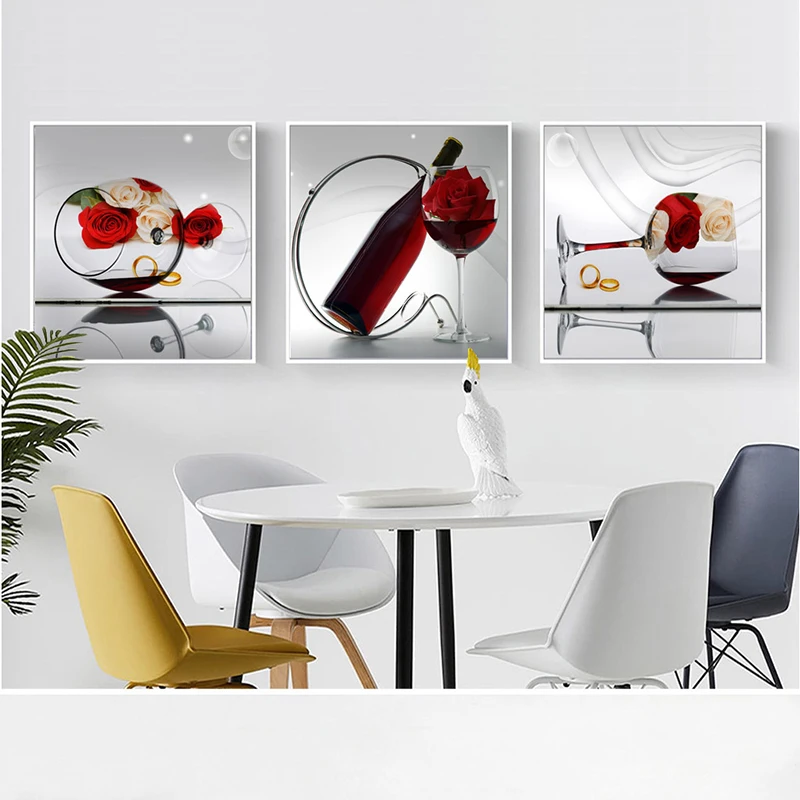 3-częściowa romantyczna kuchnia Czerwone wino Róża Nordic Plakaty ścienne Obrazy na płótnie Home Decor HD Dekoracje do jadalni