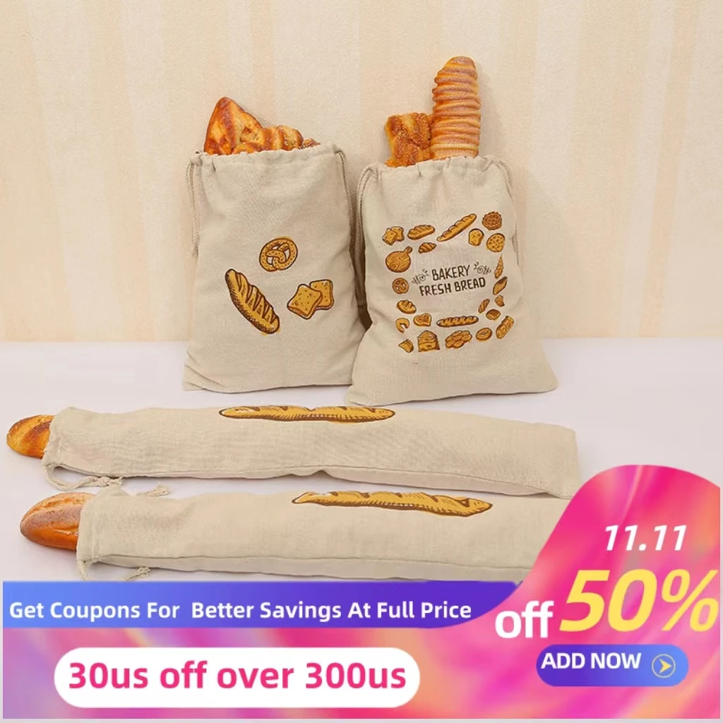 

Linen Bread Bags Reusable Drawstring Large Washable Storage Food Accessories Home Unbleached Kitchen Organizer For Baguette