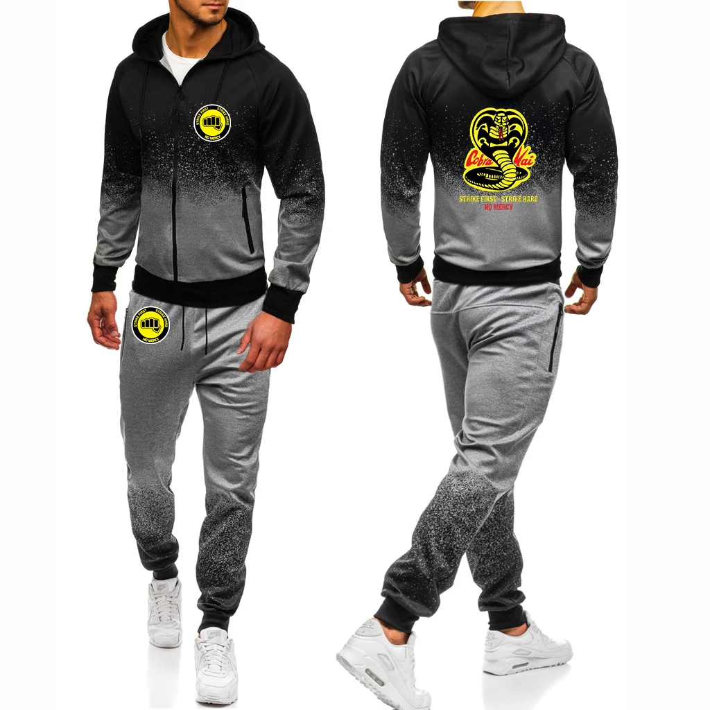 

2023 New Spring Autumn Cobra Kai Logo Print Hip Hop Zipper Hooded Jacket+Casual Drawstring Sweatpants Classic Gradient Color Set