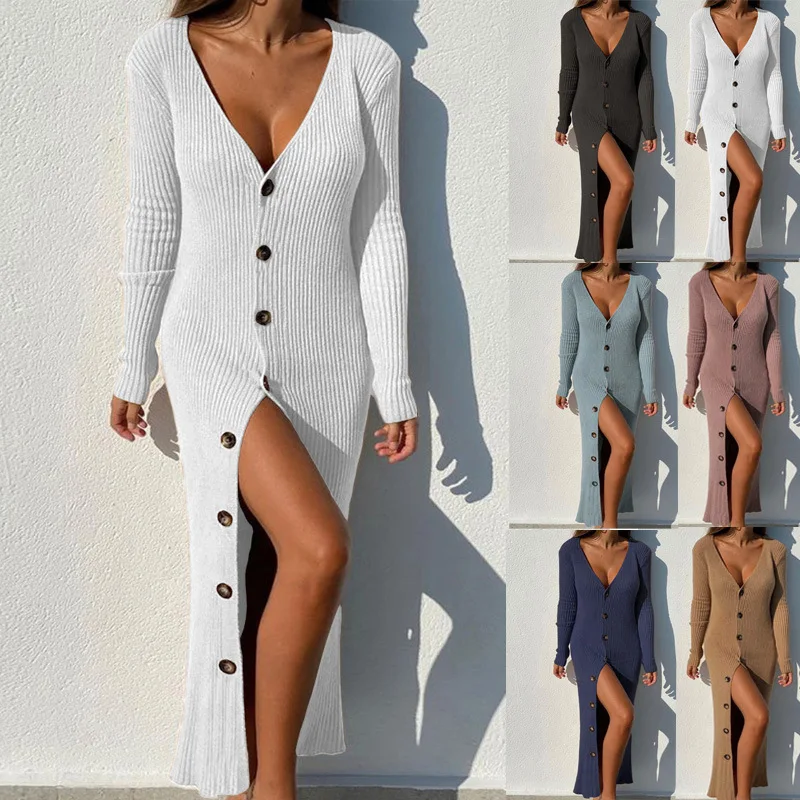 

Autumn and Winter New Women's Clothing Elegant Casual Knitted Ribbed Dress Button Long-sleeved Cardigan V Neck Sexy Maxi Dresses