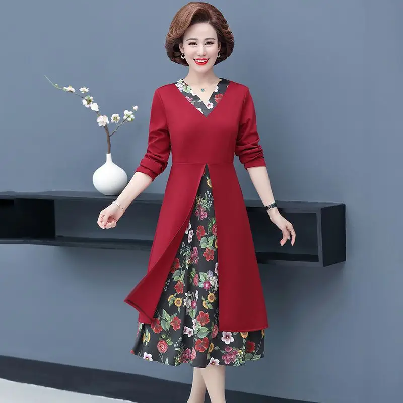 

Women's Spring Summer Solid Color Patchwork V Neck Dress Office Lady Casual A Line Midi Calf Long Sleeves Pullover Vestidos M699