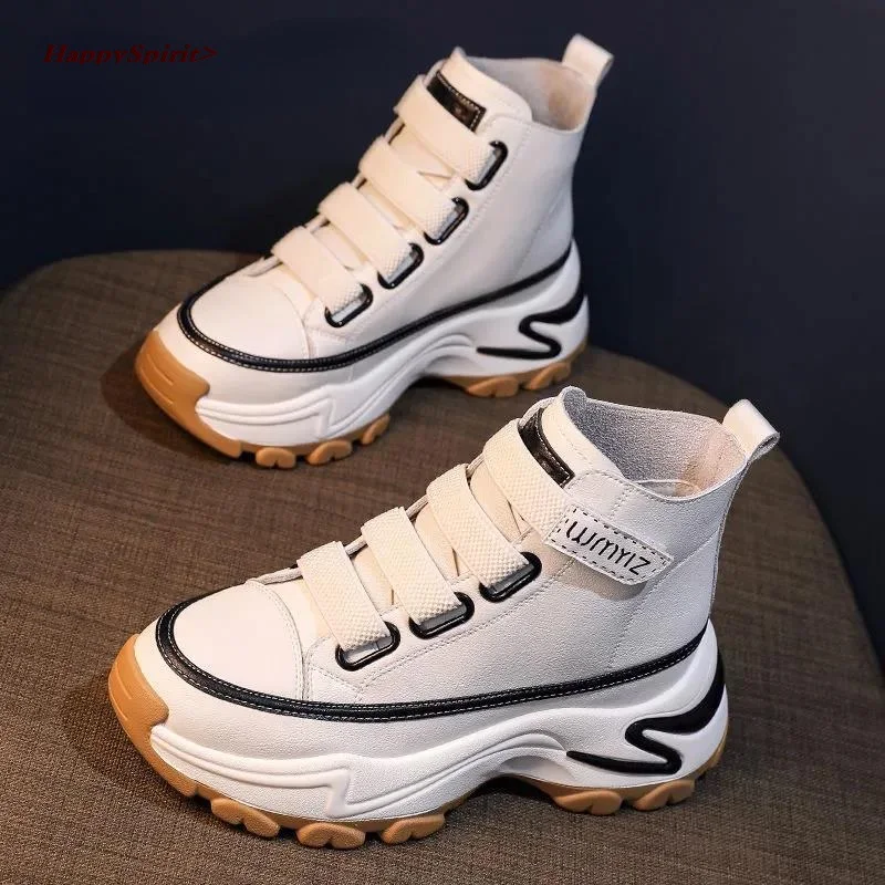 

2022 New Women Sneakers Leather Platform Shoes Winter Fashion White Sneakers Ladies High Top Sneakers Vulcanized Shoes